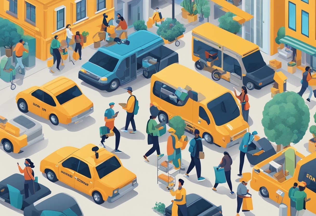 A bustling gig economy scene with various temporary job opportunities, such as food delivery, ride-sharing, and freelance work, showcasing the diverse ways to earn money in the United States